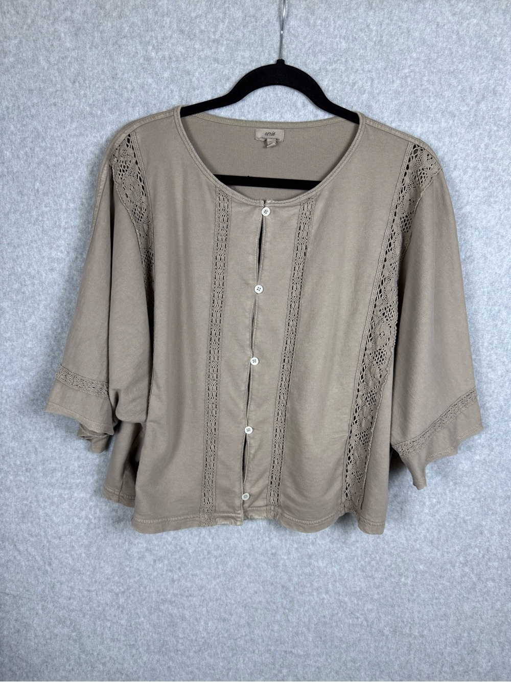 aerie Crochet-Panel Button Front Top in Taupe